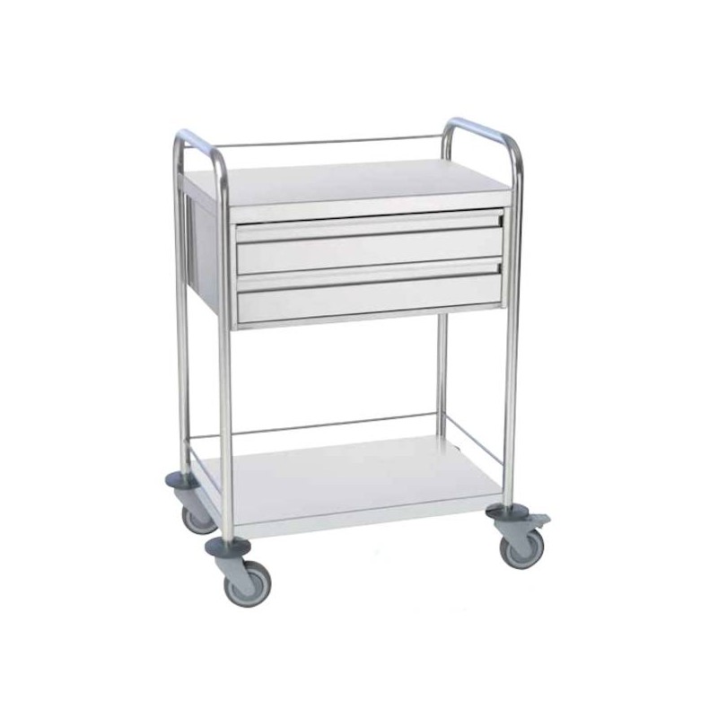 Chariot inox 2 plateaux avec galeries et 2 tiroirs Chariot inox 2 plateaux avec galeries et 2 tiroirs