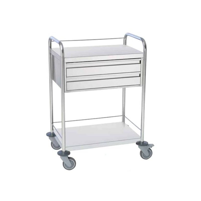 Chariot inox 2 plateaux avec galeries et 2 tiroirs Teamalex Medical