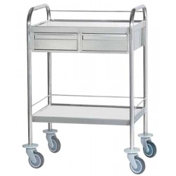 Chariot inox 2 plateaux bords relevés avec galeries et tiroirs