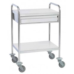 Chariot inox 2 plateaux bords tombés avec 1 tiroir