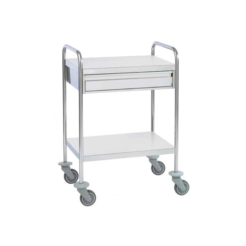 Chariot inox 2 plateaux bords tombés avec 1 tiroir