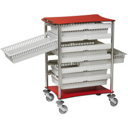 Chariot modulaire ouvert sortie latérale plateaux résine rouge Teamalex