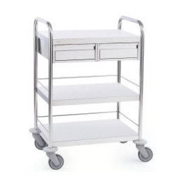 Chariot médical inox 3 plateaux avec galeries et 2 tiroirs Teamalex