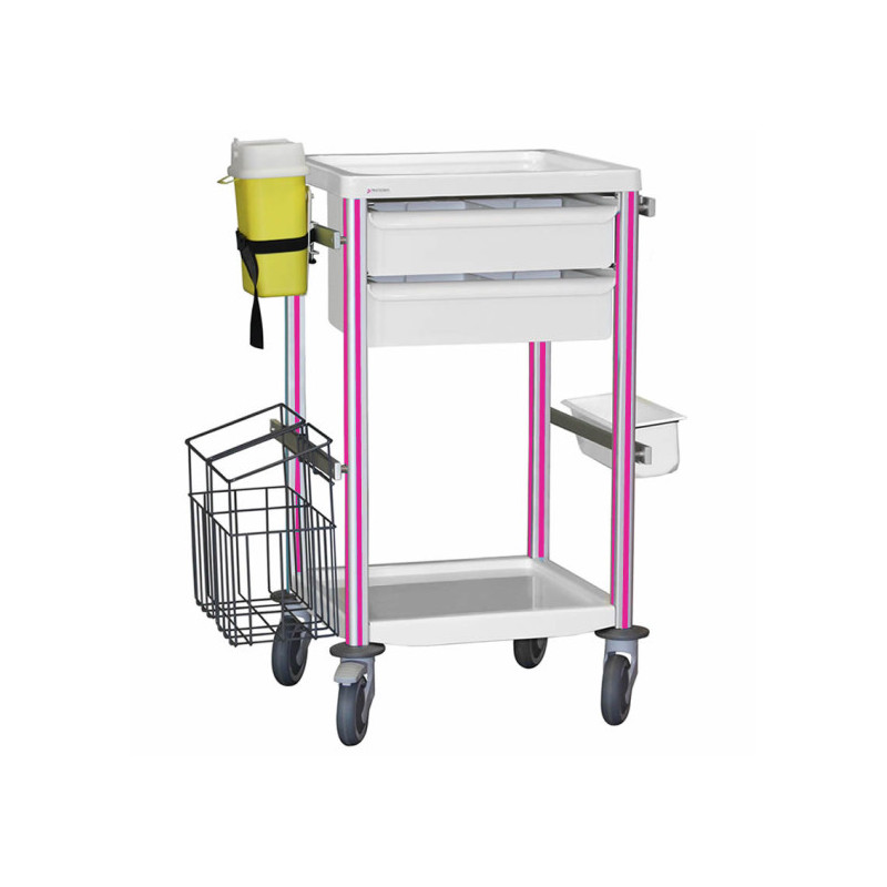 Guéridon de soins 2 plateaux équipé 400x400 fuschia teamalex medical