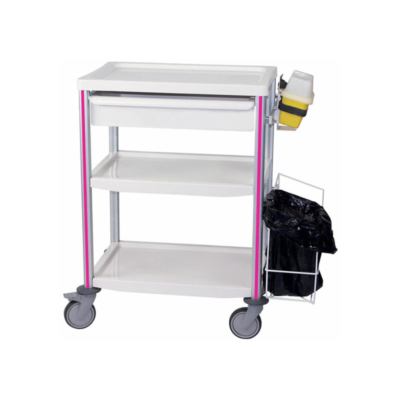 Guéridon de soins 3 plateaux équipé 600x400 rose teamalex