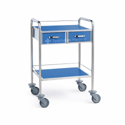 Guéridon 2 plateaux résine avec galeries 3 côtés et 2 tiroirs Teamalex Medical