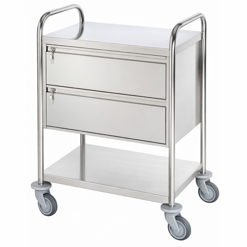 dimensions Chariot inox 2 plateaux Tourinox avec 2 grands tiroirs fermeture à clé teamalex