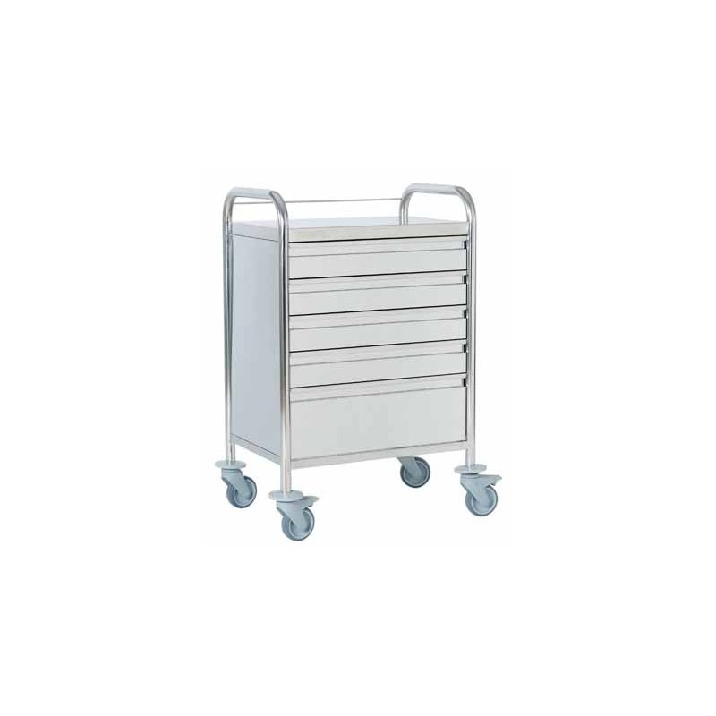 Chariot d'urgence inox 5 tiroirs avec galerie Teamalex Medical